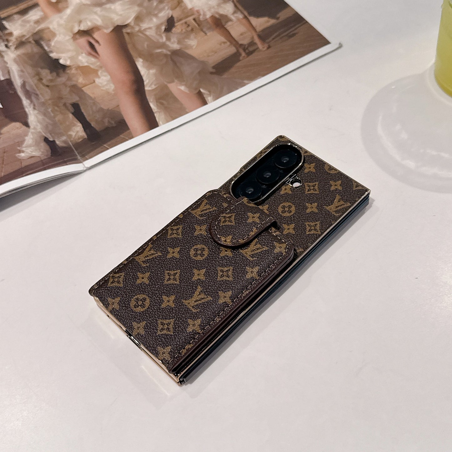 Luxury Fold Wallet Case | Monogram Leather · Gold Edge