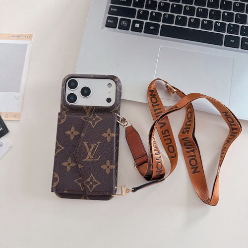 Elegant LV Style iPhone Wallet Case – Crossbody with Strap