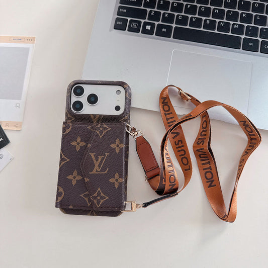Elegant LV Style iPhone Wallet Case – Crossbody with Strap