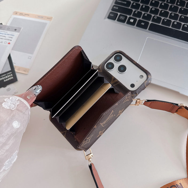 Elegant LV Style iPhone Wallet Case – Crossbody with Strap