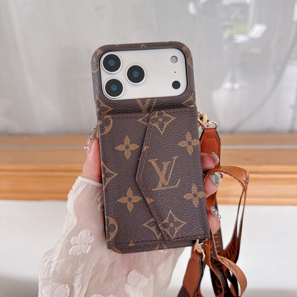 Elegant LV Style iPhone Wallet Case – Crossbody with Strap
